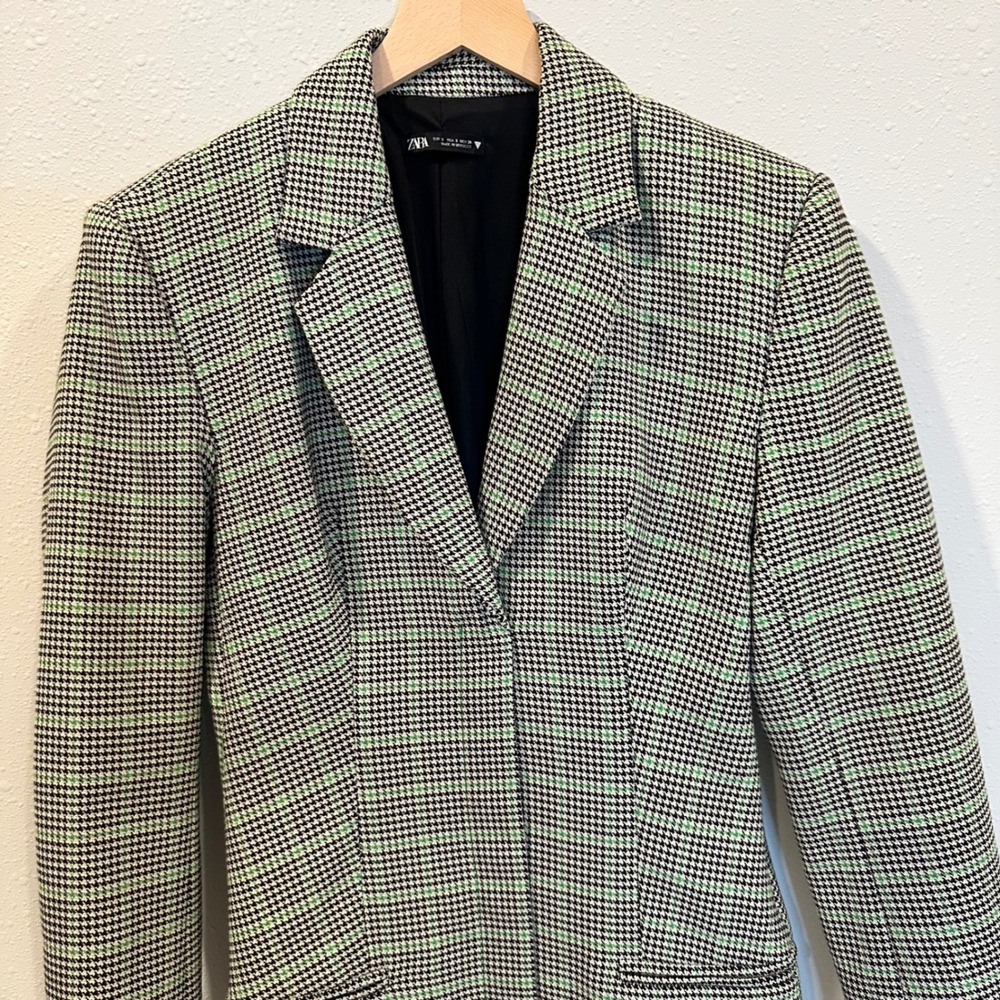 Zara Houndstooth Blazer Dress‎ Women Size S Green Plaid Officecore Dark Academia - Picture 5 of 16